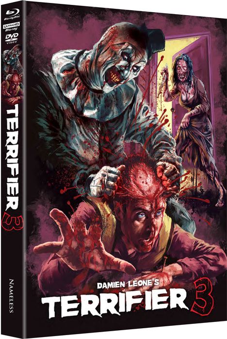 "Damien Leone's Terrifier 3" in blutiger Schrift. Illustration: Clown greift Mann an, blutige Szene.