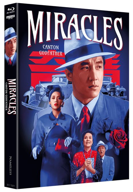 "MIRACLES", "CANTON GODFATHER" auf dem Cover. Illustration: Mann im Anzug mit Hut, Frau mit Rose, Oldtimer im Hintergrund.