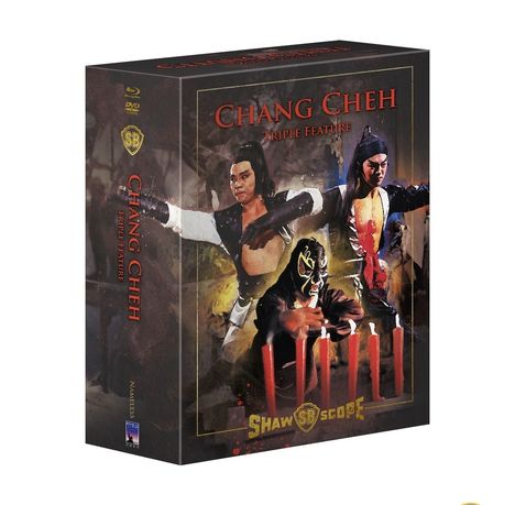 „CHANG CHEH TRIPLE FEATURE“ oben, darunter kämpfende Figuren, „SHAW SCOPE“ Logo unten.