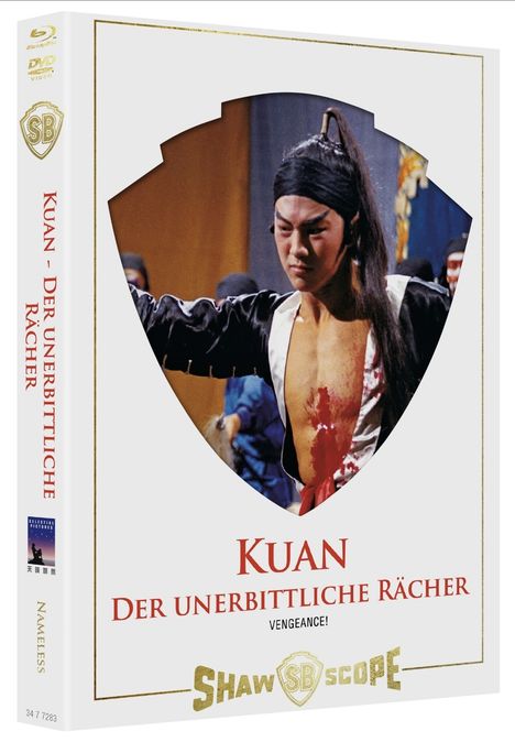 "Kuan - Der unerbittliche Rächer", "Vengeance!". Ein Mann mit langem Haar und blutiger Brust in martialischer Haltung.