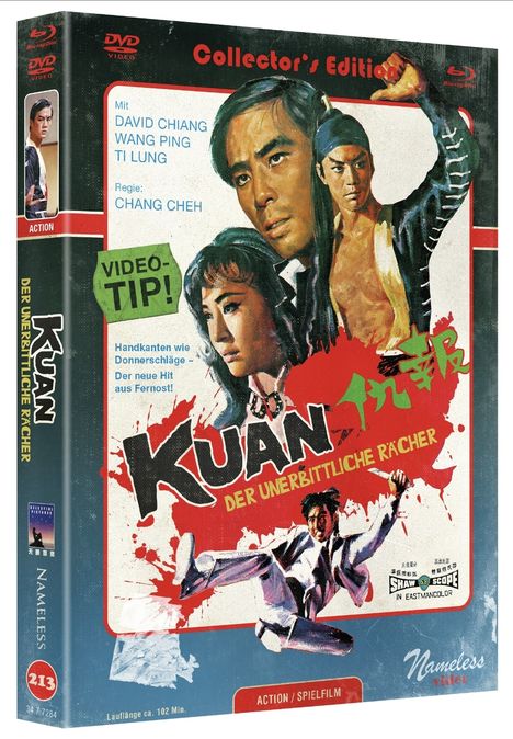DVD-Cover mit "KUAN DER UNERBITTLICHE RÄCHER" und Darstellern. Illustration von Kampfkunstfiguren und Video-Tipp.