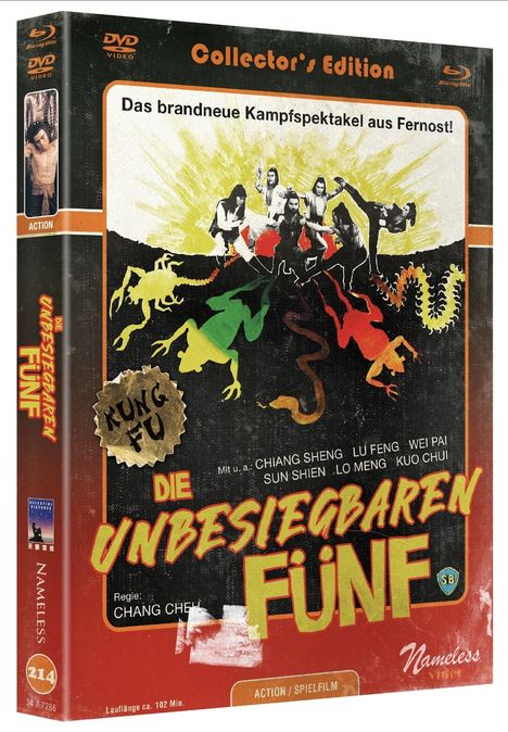 "Das brandneue Kampfspektakel aus Fernost! DIE UNBESIEGBAREN FÜNF" und "Regie: Chang Cheh". Kämpfer vor einer Explosion.