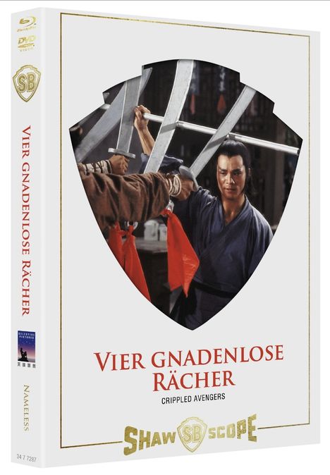 Die Box zeigt "Vier gnadenlose Rächer" mit einem Kampfszenen-Bild und goldfarbenem Shaw Brothers-Logo.