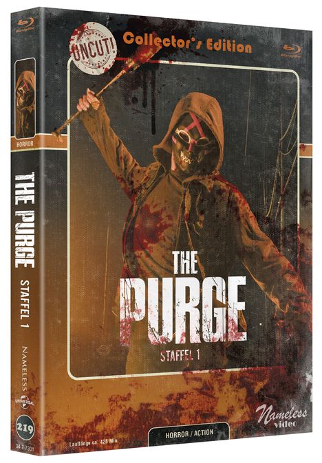 „THE PURGE Staffel 1“ steht groß in der Mitte. Ein maskierter Mensch in sportlicher Pose, dunkler Hintergrund.