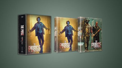 THE PURGE Staffel 1 & 2. Mann mit Maske und ausgestreckten Armen in einer düsteren Umgebung.