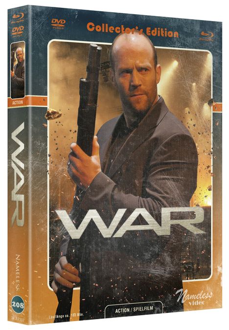 "Collector's Edition" und "WAR" stehen auf der Hülle. Ein Mann in einem Anzug hält eine Waffe. Actionfilm-Thema.