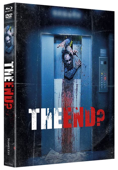 „THE END?“ in großen Buchstaben. Ein blutverschmierter Zombie klettert aus einem steckengebliebenen Aufzug.
