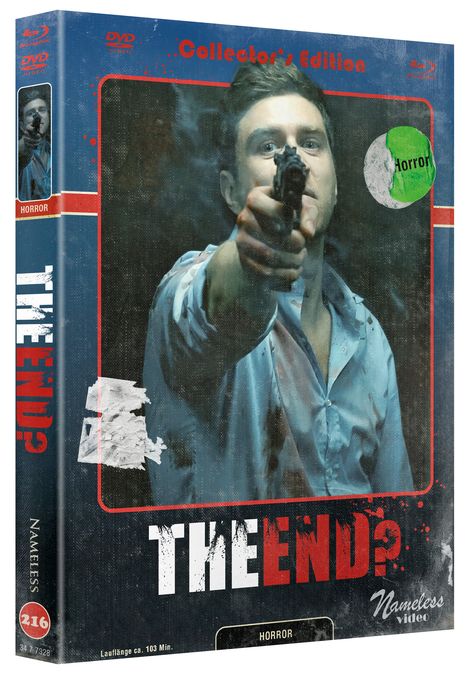 "THE END?" in kraftvollen Buchstaben; ein Mann in blauer Kleidung zielt mit einer Waffe. "Collector's Edition", Horror-Thema.