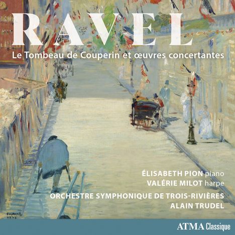 "RAVEL - Le Tombeau de Couperin et œuvres concertantes" in großen Buchstaben. Impressionistische Straßenansicht mit Menschen.