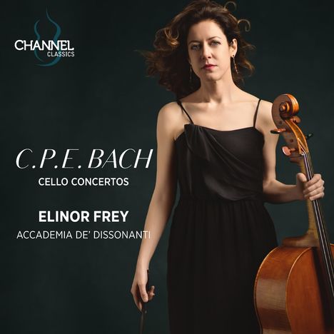"C.P.E. Bach Cello Concertos. Elinor Frey, Accademia de' Dissonanti. Frau in schwarzem Kleid mit Cello."