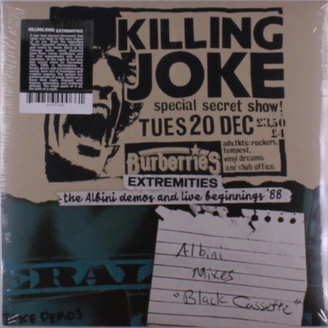 "Killing Joke, special secret show! Tues 20 Dec", "Burberries", "Albini Mixes", "Black Cassette". Vintage Plakatstil.
