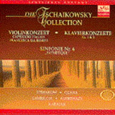 Text: "Die Tschaikowsky Collection, Violinkonzert, Klavierkonzerte, Sinfonie Nr. 6" mit herbstlicher Baumallee.