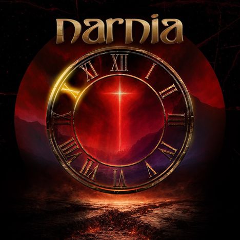 Text: "Narnia". Eine rote, dramatische Landschaft, durchzogen von einem römischen Ziffernblatt; ein leuchtendes Kreuz im Zentrum.