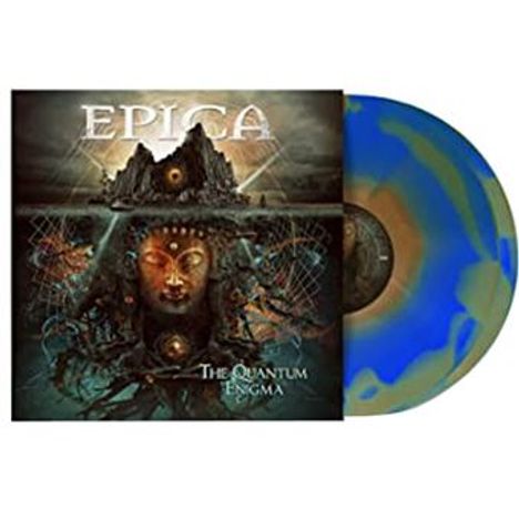 "EPICA" und "The Quantum Enigma" sind oben und unten. Darstellung eines mystischen Gesichts, Vinyl in Blau und Braun.