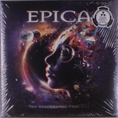 Texte: "EPICA", "The Holographic Principle". Eine Illustration mit kosmischem Hintergrund und einem Gesicht aus Fragmenten.