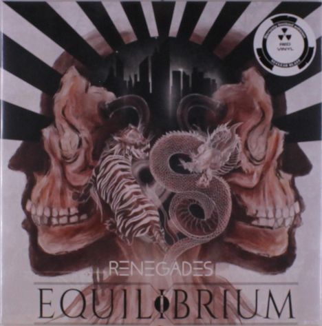 "RENEGADES", "EQUILIBRIUM". Illustration: Zwei Schädel, Drache, Zebra, Schlangenmuster, stilisierte Skyline, kreisförmiges Logo oben rechts.