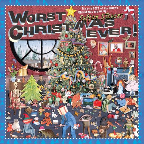 „Worst Christmas Ever!“ steht in großen Buchstaben über einem chaotischen, verspielten Weihnachtszimmer voller Figuren und Dekorationen.