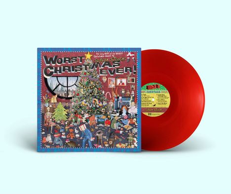 Texte: "Worst Christmas Ever!", "Sufjan Stevens". Cover mit chaotischer Weihnachtsszene, rotes Vinyl.