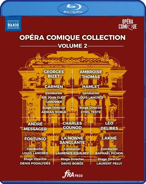 "OPÉRA COMIQUE COLLECTION VOLUME 2" steht über einem stilisierten Gebäude. Namen von Komponisten und Dirigenten sind darunter aufgelistet.