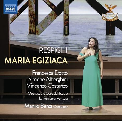 Titel "Respighi: Maria Egiziaca". Namen: Francesca Dotto, Simone Alberghini, Vincenzo Costanzo. Eine Frau in einem grünen Kleid.