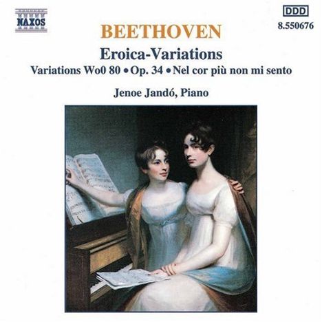 "BEETHOVEN Eroica-Variations" oben. Zwei Frauen am Klavier in einem Gemälde darunter, elegant gekleidet.