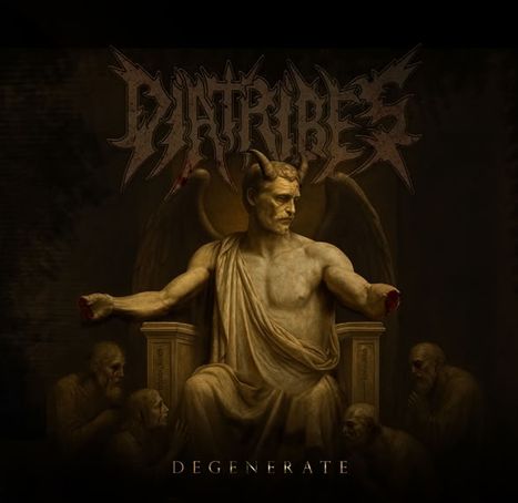 Der Text "DIATRIBES" oben und "DEGENERATE" unten. Eine Statue eines geflügelten Wesens auf einem Thron, umgeben von Gestalten.