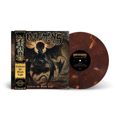 "100 Demons", "Embrace the Black Light" in gotischer Schrift. Illustration eines dämonischen Wesens auf Vinylcover.