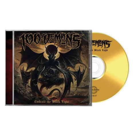 Text: "100 Demons", "Embrace the Black Light". 

Illustration eines teuflischen Wesens mit Flügeln, umgeben von Dunkelheit. CD und Hülle sichtbar.