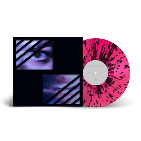 Whirr/Luster Split. Ein Cover mit abstrakten Bildern von Augen. Die Schallplatte ist pink mit schwarzen Spritzern.