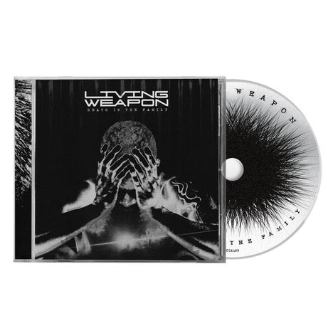 CD-Cover: "LIVING WEAPON" und "DEATH IN THE FAMILY". Motiv: Mensch hält den Kopf in den Händen, CD hat stacheliges Design.