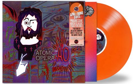 Texte: "ALPHA & ORANGE VINYL", "ATOMIC OPERA", "AO", "PROGRESSIVE ROCK CLASSIC..."

Illustration: Bunte, abstrakte Kunst mit einer orangefarbenen Schallplatte.