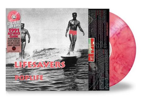"Lifesavers Poplife" in roten Buchstaben, Männer surfen klassisch in Schwarz-Weiß, Schallplatte in rosa Marmoroptik.