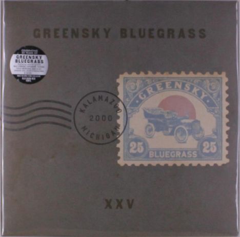 Text: "GREENSKY BLUEGRASS", "KALAMAZOO MICHIGAN 2000", "XXV". Eine Briefmarke mit Auto und 25 als Design.