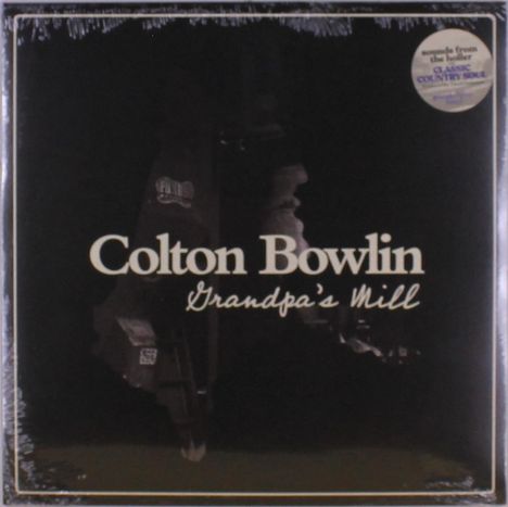 "Colton Bowlin – Grandpa's Mill". Dunkles Design mit einer Silhouette eines älteren Mannes an einer Mühle.