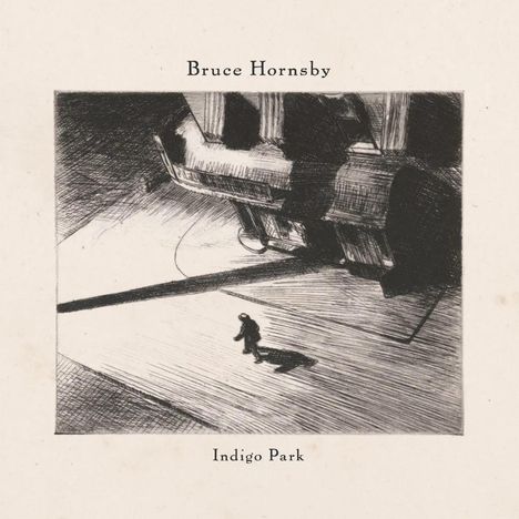 Text: "Bruce Hornsby", "Indigo Park". Illustration eines Mannes vor einer großen, dunklen Struktur, im Licht gehend.
