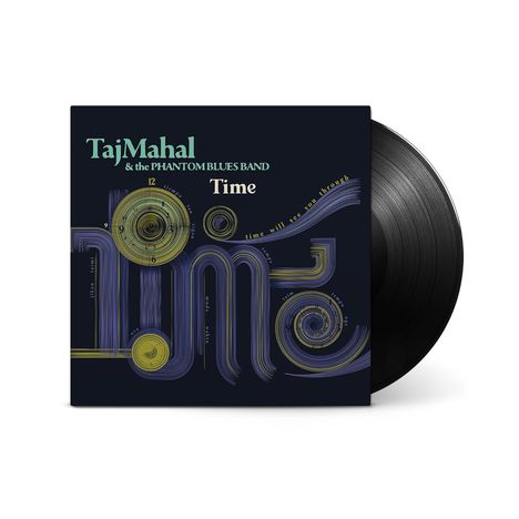 Auf dem Cover steht: "Taj Mahal & the Phantom Blues Band", "Time". Verspieltes Design mit verschlungenen Linien.