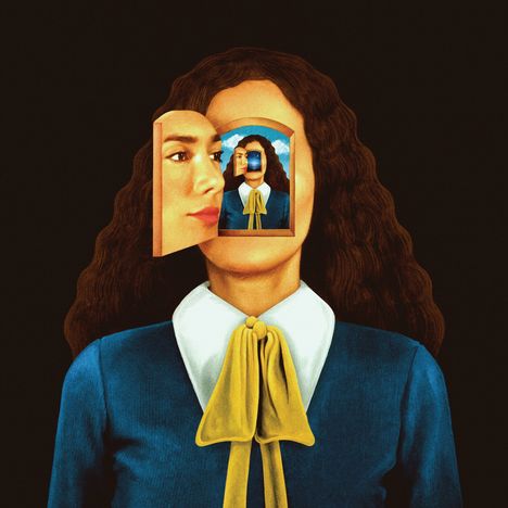 Illustration: Frau mit blauem Kleid und gelber Schleife. Gesicht als Tür mit Bild im Bild. Surrealer, träumerischer Stil.