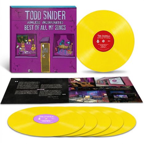 „Todd Snider Aimless Incorporated Best of All My Songs“ auf violetter Albumhülle mit gelben Schallplatten.