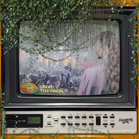 „Great Television“ Logo auf einem alten Fernseher mit Efeu; im Hintergrund ein verwischtes Football-Spiel.