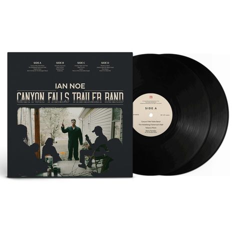 "Doppel-LP mit 'Ian Noe - Canyon Falls Trailer Band'. Schwarze Schallplatten, Menschen in Silhouette auf Veranda."