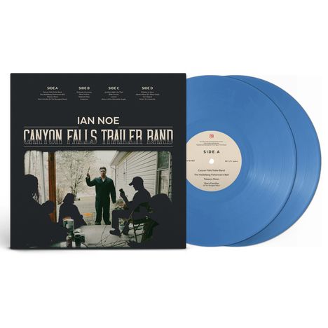Schallplatten-Cover: "IAN NOE CANYON FALLS TRAILER BAND". Zwei blaue Vinyls mit Tracklisten. Silhouetten bei Veranda.