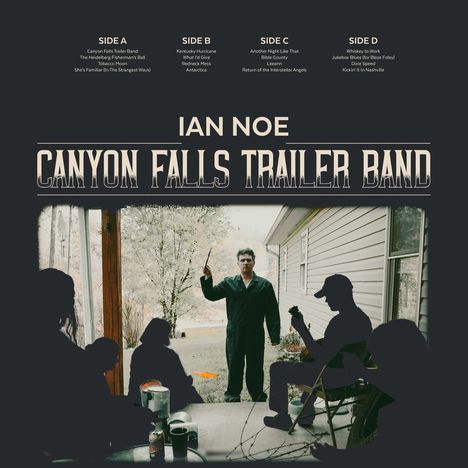 Text oben: "SIDE A", "SIDE B", "SIDE C", "SIDE D". Mittig: "IAN NOE CANYON FALLS TRAILER BAND". Darunter: Mann draußen, mit Stift.
