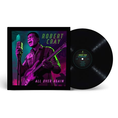 Ein Plattencover zeigt "Robert Cray", "All Over Again". Illustration eines Sängers mit Gitarre und Mikrofon in lebhaften Farben.