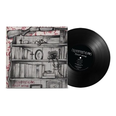 INTERPRETATIONS MAGGIE ANTOINE. Schwarz-weißes Cover mit Bücherregal-Illustration. Schallplatte links dargestellt.