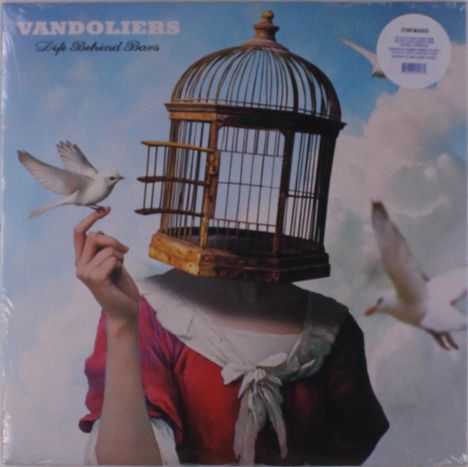 „Vandoliers: Life Behind Bars“; Illustration: Person mit Vogelkäfig als Kopf, Vögel fliegen, einer auf Fingern sitzend.