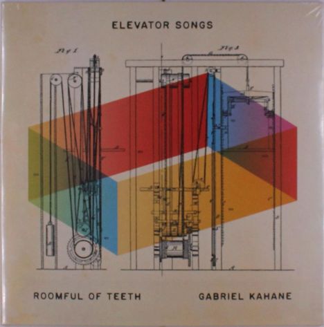 "Elevator Songs. Roomful of Teeth. Gabriel Kahane. Technische Zeichnung eines Aufzugs mit bunten geometrischen Formen."
