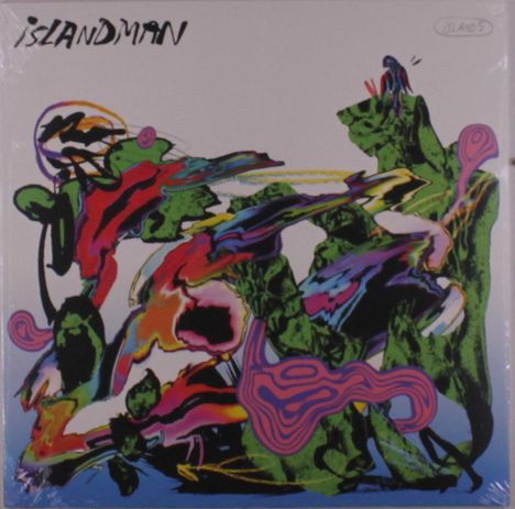 "Islandman". Bunte, abstrakte Kunst mit grünen, roten und violetten Formen, die fließend und dynamisch wirken.