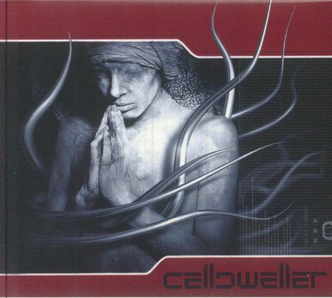 Text: "Celldweller". Person faltet die Hände betend, umgeben von fließenden Linien.