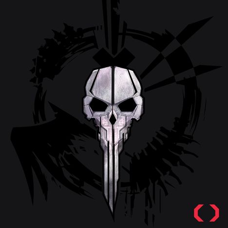 Metallischer Totenkopf mit stilisiertem Hintergrundmuster, rot umrandetes Zeichen unten rechts.