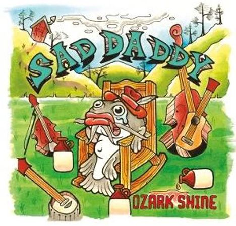 "SAD DADDY" und "OZARK SHINE". Illustration: Fischelement auf einem Stuhl, umgeben von Instrumenten und Natur.